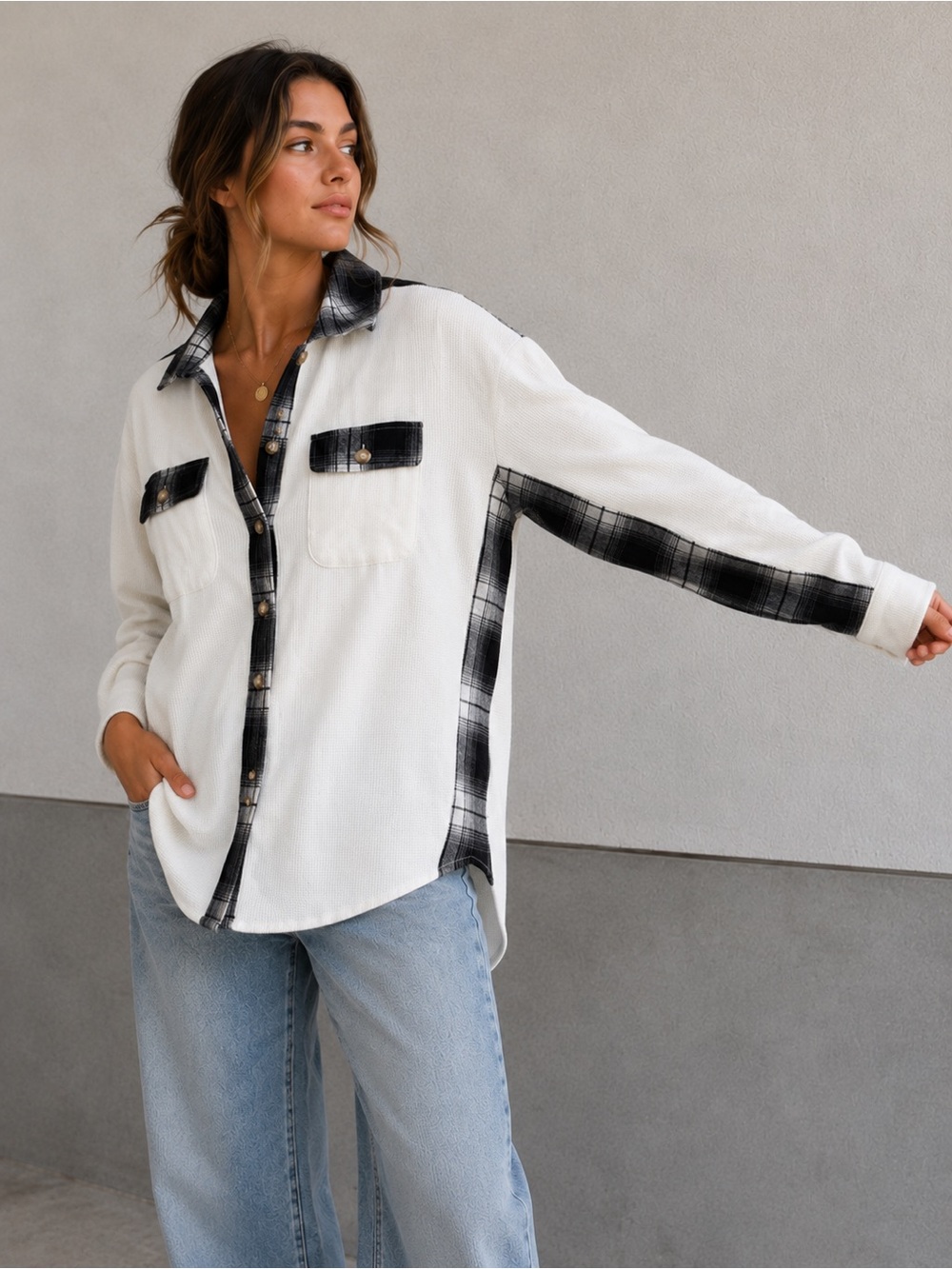 Waffle Knit Plaid Shacket Shirt Jacket White Black High Low Hem Size M NWOT